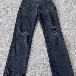 Free People Dark Grey Ripped Distressed Zip Fly Women’s Straight Leg Jeans 27